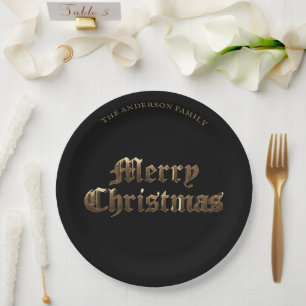 Elegant Old English Lettering Gold Merry Christmas Paper Plates