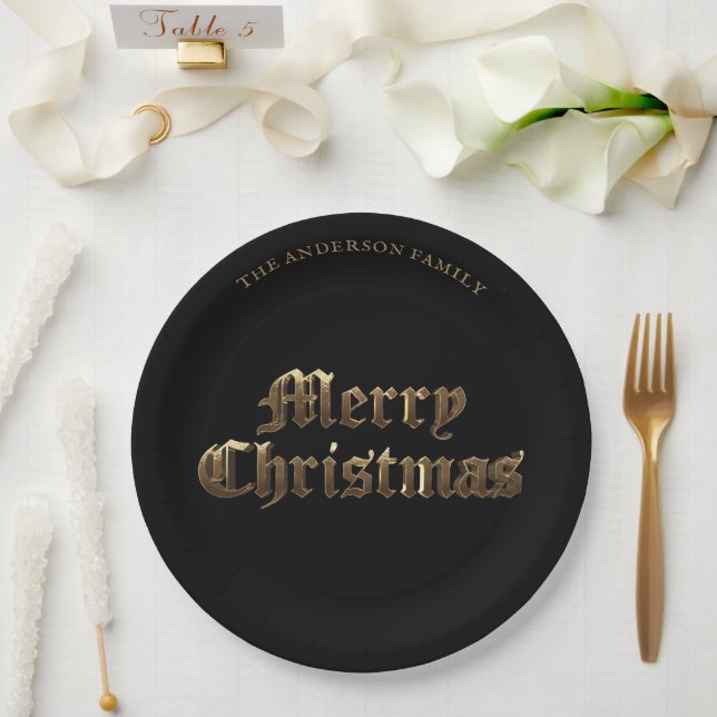 Elegant Old English Lettering Gold Merry Christmas Paper Plates (Wedding)