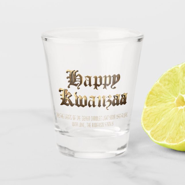 Elegant Old English Lettering Happy Kwanzaa Shot Glass (Front)