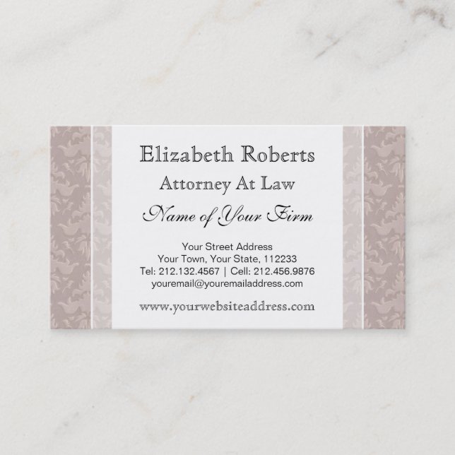 Elegant Old Fashioned Vintage Taupe Damask Business Card (Front)