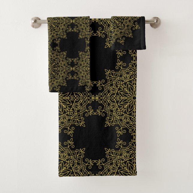 Elegant Old Gold Mandalas on Black Bath Towel Set (Insitu)