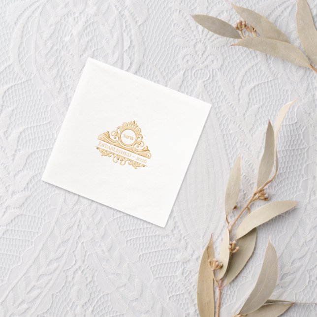 Elegant Old Money Aesthetic Wedding Crest Monogram Foil Napkins (Insitu (wedding 2))