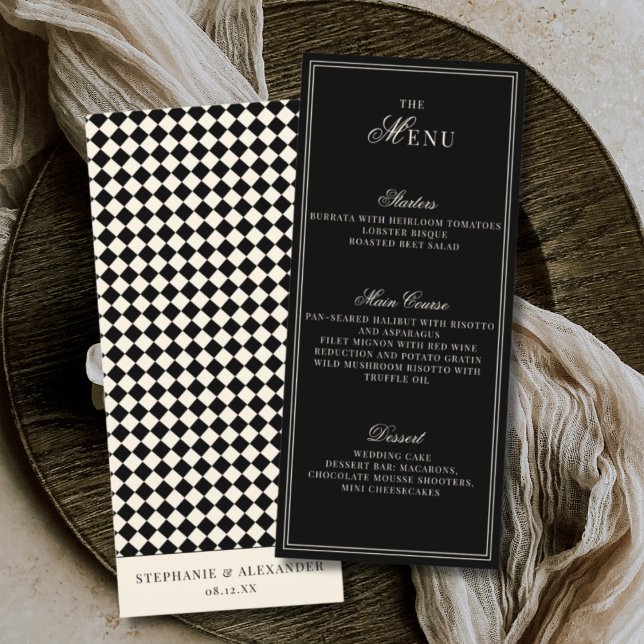 Elegant Old Money Black Ivory Checkered Wedding Menu (Creator Uploaded)