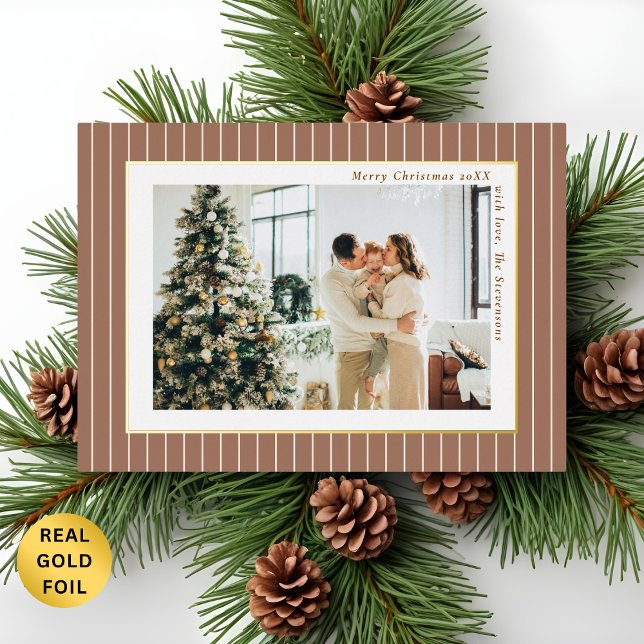 Elegant Old Money Brown Pinstripe Christmas Photo Foil Holiday Card (Creator Uploaded)