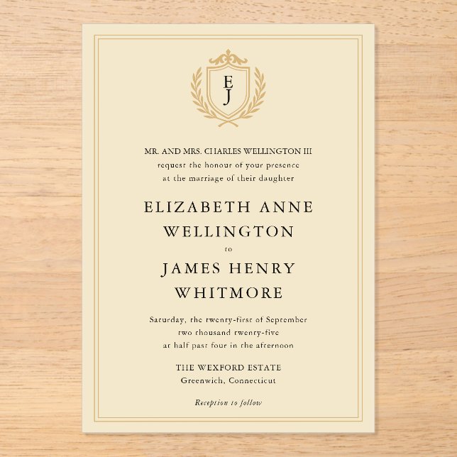 Elegant Old Money Crest - Ivory & Gold Wedding Acrylic Invitations (Front)