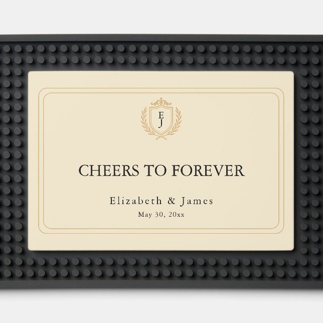 Elegant Old Money Crest - Ivory & Gold Wedding Bar Mat (Front (Close Up))