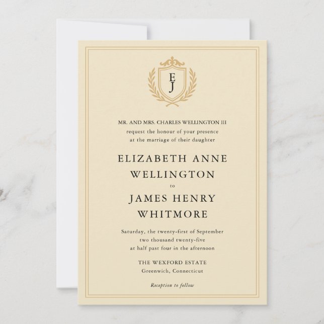 Elegant Old Money Crest - Ivory & Gold Wedding Invitation (Front)