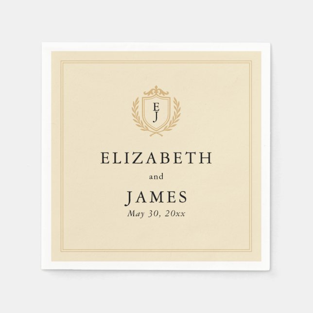 Elegant Old Money Crest - Ivory & Gold Wedding Napkins (Front)