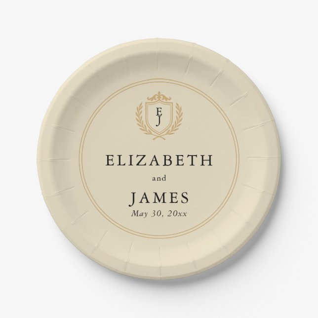 Elegant Old Money Crest - Ivory & Gold Wedding Paper Plates (Front)