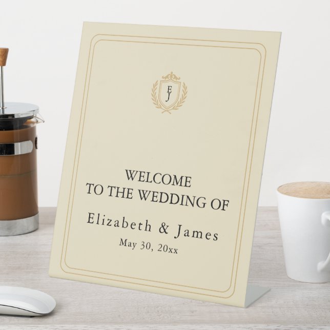 Elegant Old Money Crest - Ivory & Gold Wedding Pedestal Sign (In SItu)