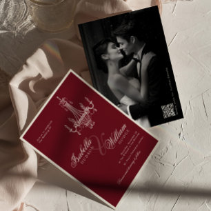 Elegant Old Money Deep Burgundy QR Code Wedding Invitation