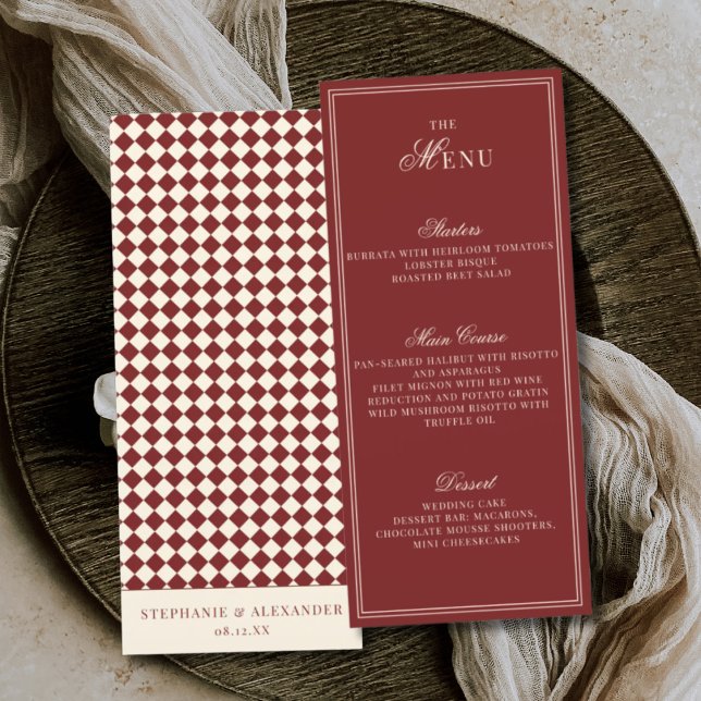 Elegant Old Money Deep Red Ivory Checkered Wedding Menu (Creator Uploaded)
