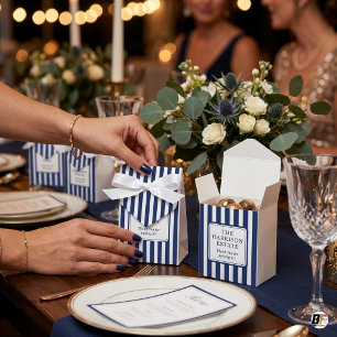 Elegant Old Money Navy Blue Striped Estate Wedding Favor Boxes