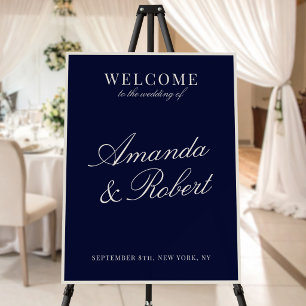 Elegant Old Money Navy Blue Wedding Welcome Sign