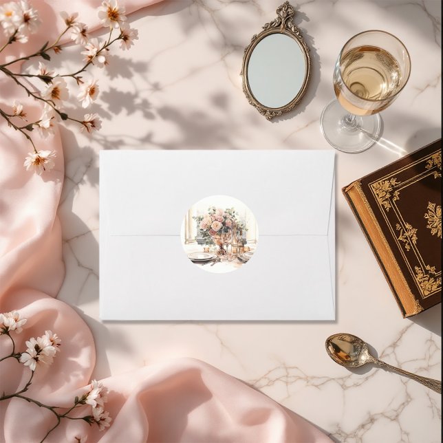 Elegant Old Money Romantic Tablescape Wedding Classic Round Sticker (Elegant Old Money Romantic Tablescape Wedding Classic Round Sticker)