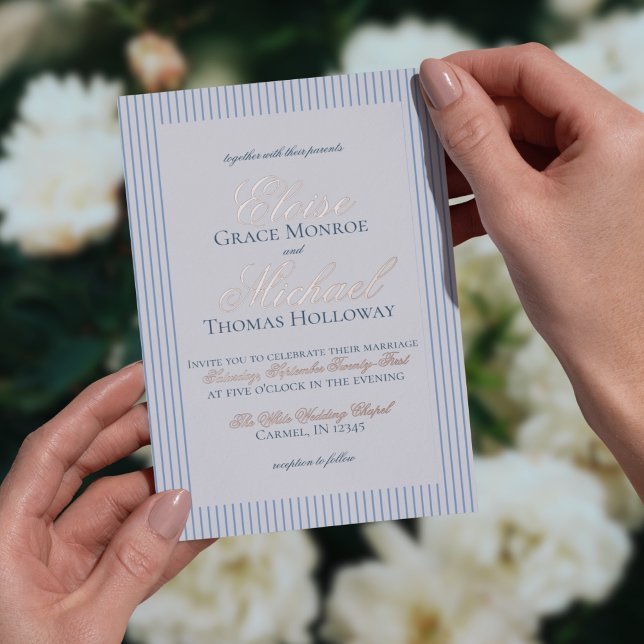 Elegant Old Money Script Blue Stripe Wedding Foil Invitation (Formally invite guests to your big day with this Elegant Old Money Script Thin Stripe Foil Card!)