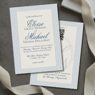 Elegant Old Money Script Blue Stripe Wedding Invitation