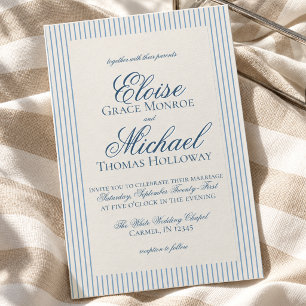 Elegant Old Money Script Blue Stripe Wedding Invitation