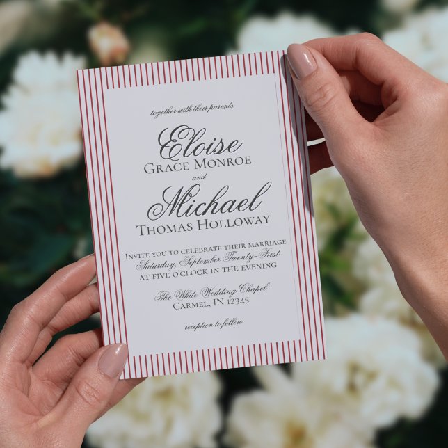 Elegant Old Money Script Red Stripe Wedding Invitation (Formally invite guests to your big day with this Elegant Old Money Script Thin Stripe Card!)