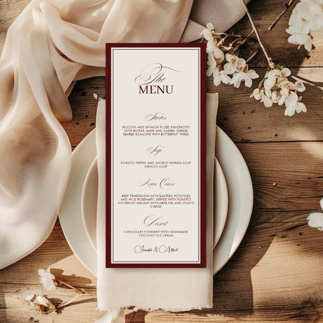 Elegant Old Money Wedding Red Dinner Menu Card (Creator Uploaded)