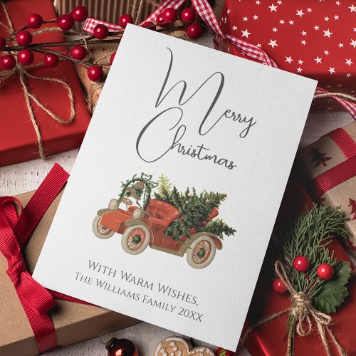 Elegant Old Red Car Vintage Style Merry Christmas Holiday Card