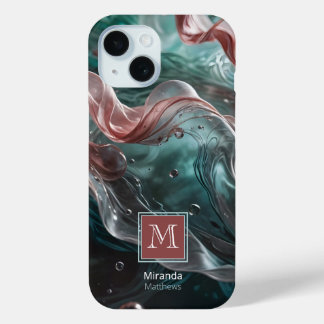 Elegant Old Rose and Emerald Silk Water Typography iPhone 15 Case