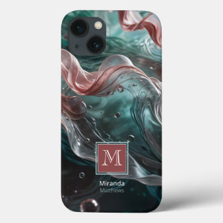 Elegant Old Rose and Emerald Silk Water Typography iPhone 13 Case