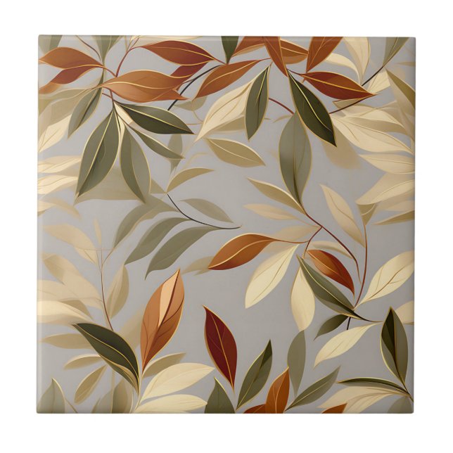 Elegant Olive and Gold Leaves Pattern Ceramic Tile (Front)