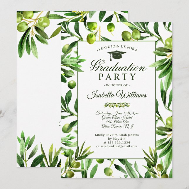 Elegant Olive Boho Garden Graduation Party Invitation (Front/Back)