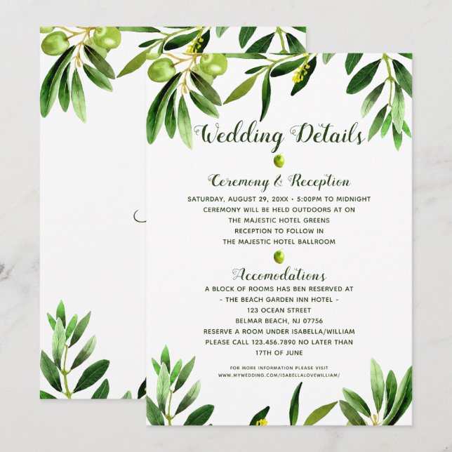 Elegant Olive Boho Garden Summer Wedding Details Invitation (Front/Back)