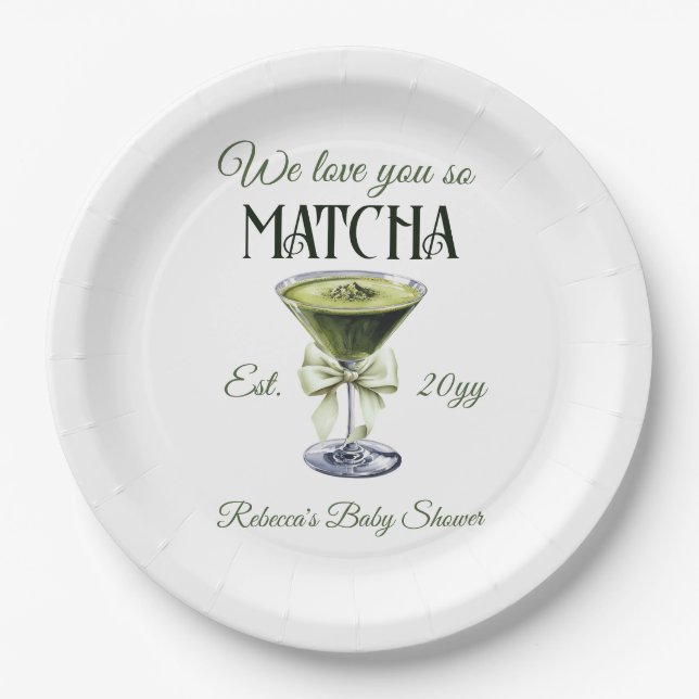 Elegant Olive Bow Love You So Matcha Baby Shower Paper Plates (Front)