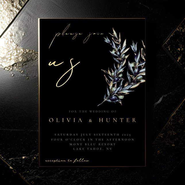 Elegant Olive Branch Black and Gold Wedding Foil Invitation (Creator Uploaded)