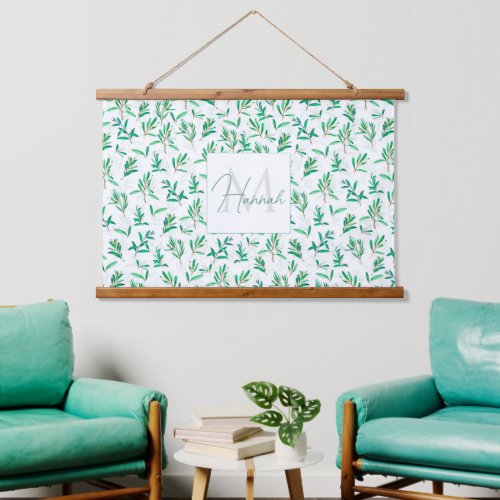 Elegant Olive branch Green White Pattern Hanging Tapestry