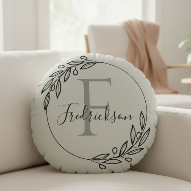Elegant Olive Branch Monogram Script Family Name Round Pillow (Realtor Closing Gift - Monogram Wreath Pillow)