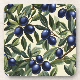 Elegant Olive Branch Pattern with Deep Blue Olives Beverage Coaster