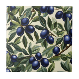 Elegant Olive Branch Pattern with Deep Blue Olives Ceramic Tile