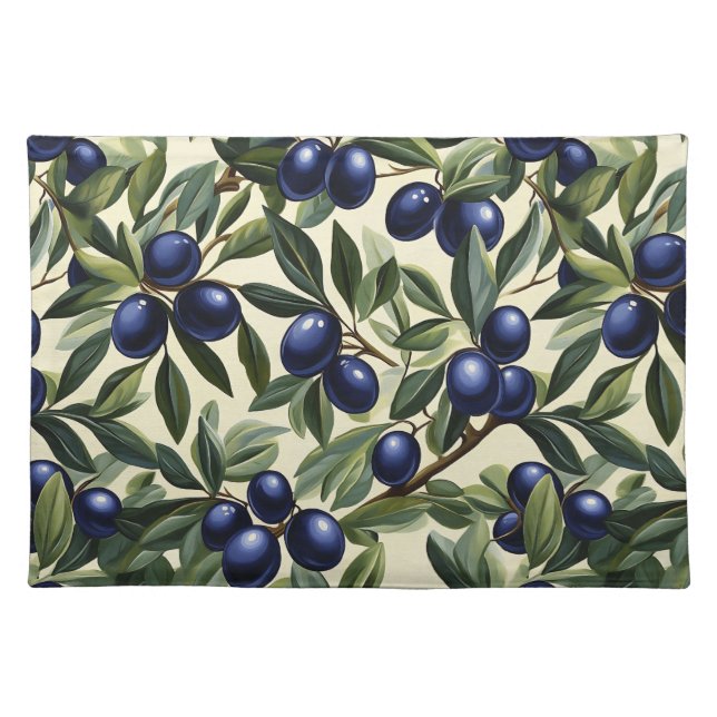 Elegant Olive Branch Pattern with Deep Blue Olives Cloth Placemat (Front)
