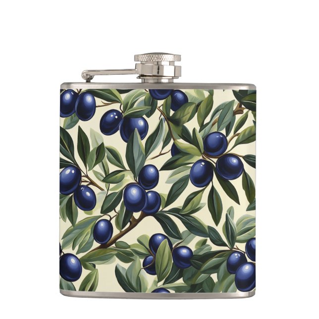 Elegant Olive Branch Pattern with Deep Blue Olives Flask (Front)