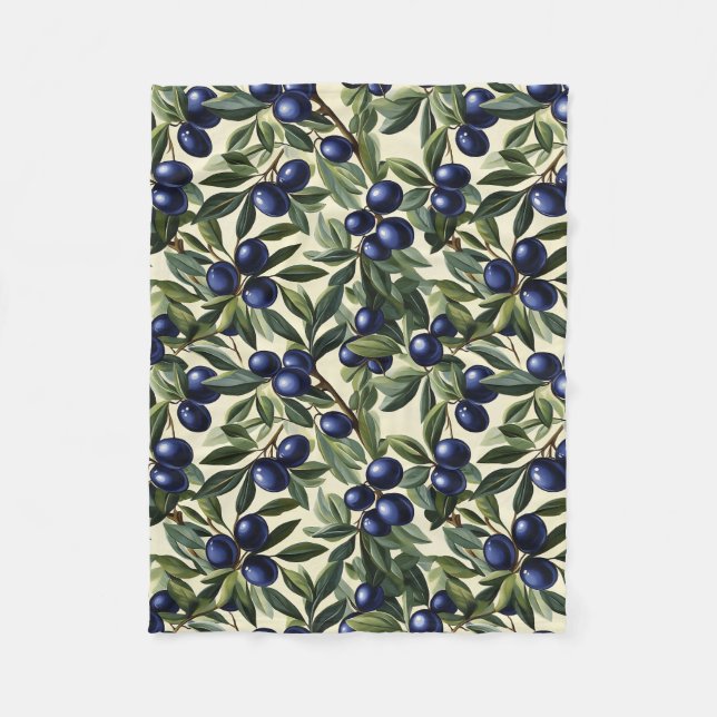 Elegant Olive Branch Pattern with Deep Blue Olives Fleece Blanket (Front)