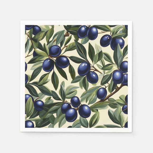 Elegant Olive Branch Pattern with Deep Blue Olives Napkins (Front)