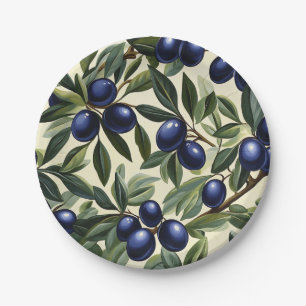 Elegant Olive Branch Pattern with Deep Blue Olives Paper Plates