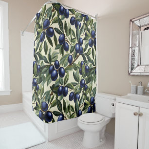 Elegant Olive Branch Pattern with Deep Blue Olives Shower Curtain