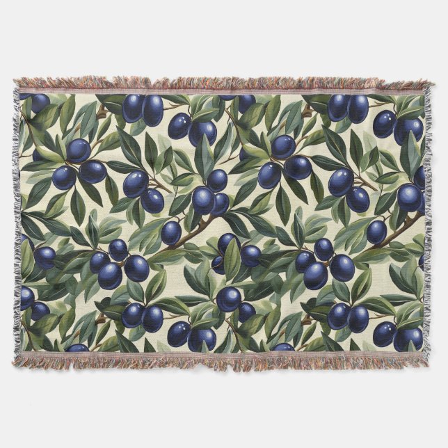 Elegant Olive Branch Pattern with Deep Blue Olives Throw Blanket (Front)