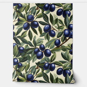 Elegant Olive Branch Pattern with Deep Blue Olives Wallpaper