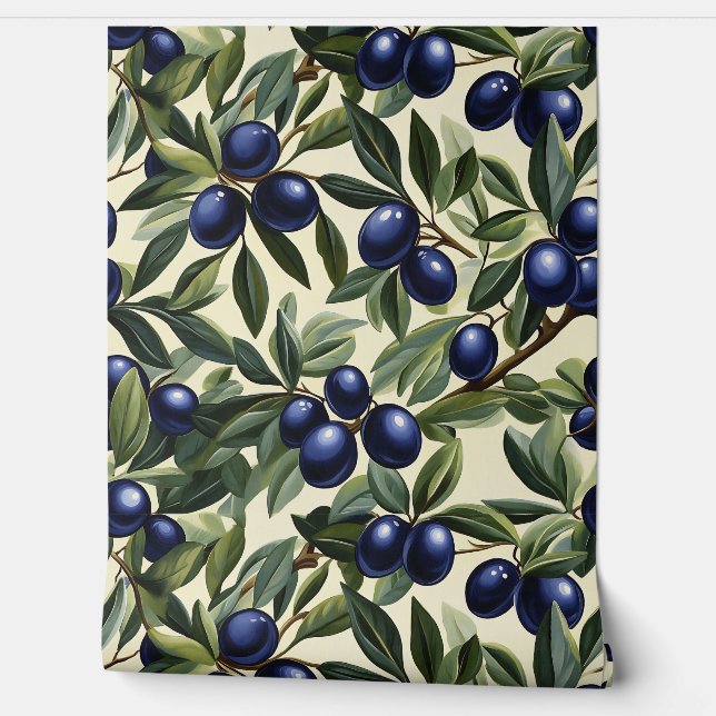 Elegant Olive Branch Pattern with Deep Blue Olives Wallpaper (Unrolling)