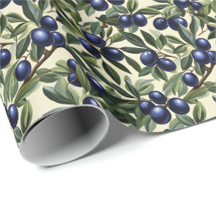 Elegant Olive Branch Pattern with Deep Blue Olives Wrapping Paper