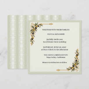 Elegant Olive Branch Sage Green & Gold Wedding Invitation