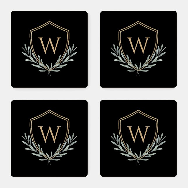 Elegant Olive Branch Shield with Monogram Initial Coaster Set (Set)