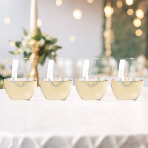 Elegant Olive Branch Shield with Monogram Stemless Wine Glass