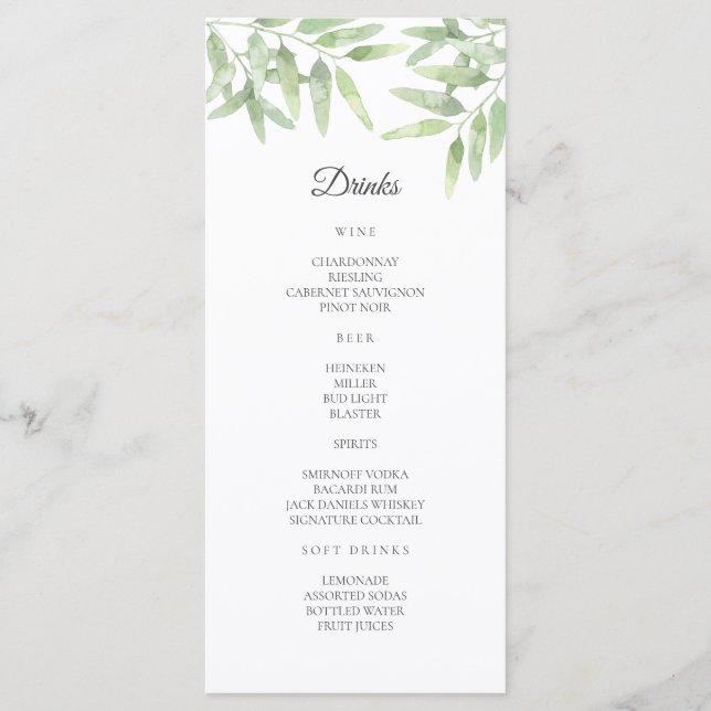 Elegant Olive Branch. Simple wedding Bar Menu (Front)